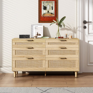 Rattan 6 Drawer Dresser with Metal Handle & Wood Legs